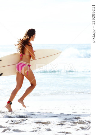 Running, surfboard and woman in bikini at ocean for summer vacation, travel adventure or tropical island. Relax, surfing and girl on blue sky at beach for holiday with waves, sun and sport in Hawaii. Running, surfboard and woman in bikini at ocean for summer vacation, travel adventure or tropical island. Relax, surfing and girl on blue sky at beach for holiday with waves, sun and sport in Hawaii. 139299211
