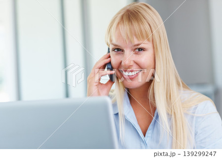 Phone call, employee and woman with laptop, portrait and connection with communication, network and internet. Person, business or entrepreneur with a pc, smartphone and app with website info or smile Phone call, employee and woman with laptop, portrait and connection with communication, network and internet. Person, business or entrepreneur with a pc, smartphone and app with website info or smile 139299247