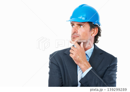 Architecture, thinking and man in studio with project mockup, construction inspection or real estate planning. Mature manager or engineering expert with design ideas and goals on a white background Architecture, thinking and man in studio with project mockup, construction inspection or real estate planning. Mature manager or engineering expert with design ideas and goals on a white background 139299289