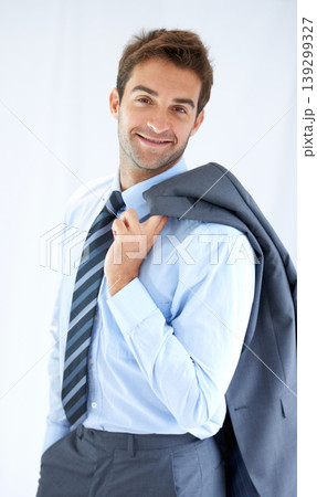 Businessman, portrait and happy in office for career, professional and employee at corporate job. Entrepreneur, face and person for smile, confidence and pride with calm expression or blazer at work 139299327
