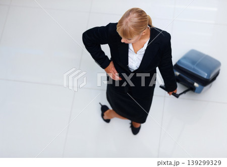 Travel, top view airport and business woman waiting for plane departure, holiday transportation or international flight trip. Lobby, airplane suitcase and corporate agent journey on hotel ground 139299329