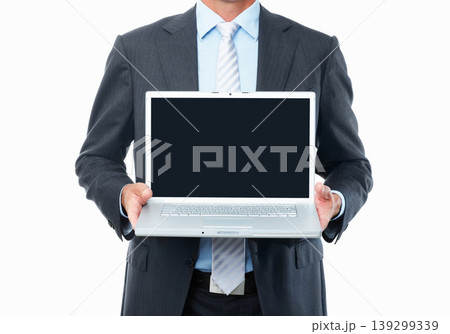 Business hands, laptop screen and mockup for advertising website, stock market sign up or presentation in studio. Professional person with computer space or trading registration on a white background Business hands, laptop screen and mockup for advertising website, stock market sign up or presentation in studio. Professional person with computer space or trading registration on a white background 139299339