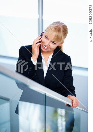 Business cellphone call, stairs and happy woman consulting, networking or discussion with mobile user. Smartphone communication, staircase or indoor sales agent talking, speaking or chat with contact 139299372
