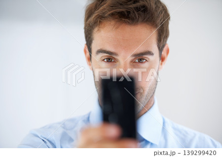 Businessman, selfie and photography for memory, social media or online vlog at office. Portrait of handsome man, employee or app for photograph, picture or status update in business at workplace 139299420