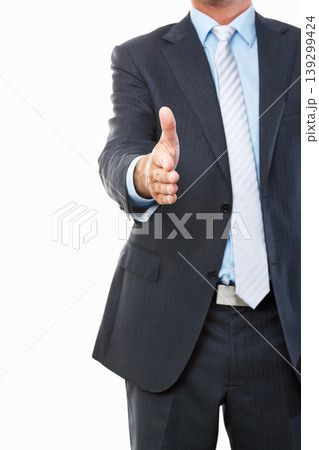 Shaking hands, business offer and studio meeting for job interview, introduction or hiring agreement. Corporate person or employer with client POV handshake, hello and welcome on a white background Shaking hands, business offer and studio meeting for job interview, introduction or hiring agreement. Corporate person or employer with client POV handshake, hello and welcome on a white background 139299424