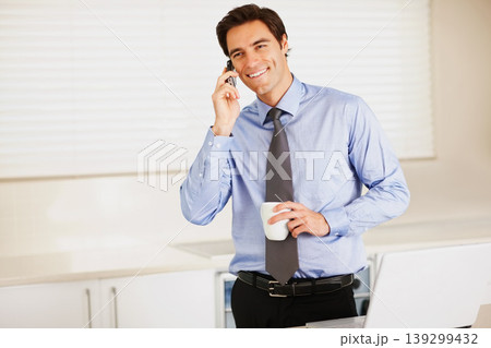 Happy businessman, phone call and coffee for discussion or communication in kitchen at home. Man or employee smile and talking on mobile smartphone for morning conversation with cup of tea at house Happy businessman, phone call and coffee for discussion or communication in kitchen at home. Man or employee smile and talking on mobile smartphone for morning conversation with cup of tea at house 139299432