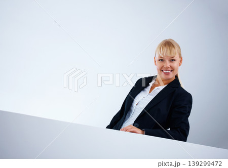 Portrait, smile and business woman on banner, white background and corporate company on mockup space in Switzerland. Happy face, professional agent and entrepreneur, blonde worker or employee in suit 139299472