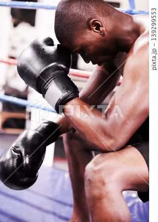 Man, boxer and face down in boxing ring, sweat and gloves for workout, fighter and strong. Exercise, sports and train for power, self defense and concentration for challenge, mma and fighting skills Man, boxer and face down in boxing ring, sweat and gloves for workout, fighter and strong. Exercise, sports and train for power, self defense and concentration for challenge, mma and fighting skills 139299553
