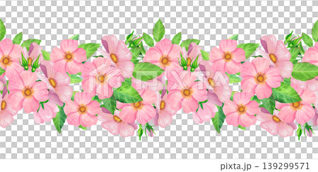 Pink rose hips with green leaves, seamless hand drawn watercolor border. Ornament with delicate fresh plants and lush foliage. Juicy wildflowers for packaging tea, cosmetics, perfumes, and cards. Pink rose hips with green leaves, seamless hand drawn watercolor border. Ornament with delicate fresh plants and lush foliage. Juicy wildflowers for packaging tea, cosmetics, perfumes, and cards. 139299571