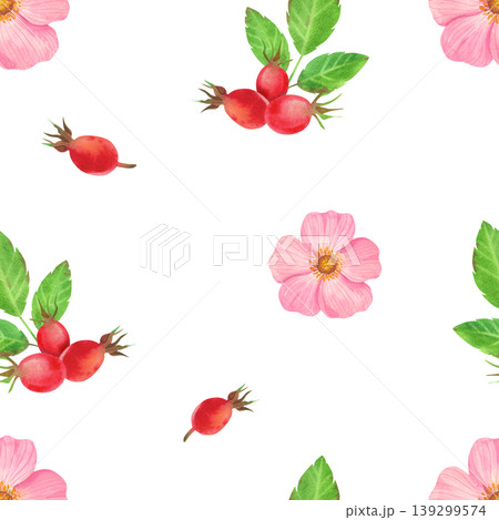 Pink rose hips with green leaves and red berries, a watercolor seamless pattern. Hand drawn ornament with delicate fresh plants. Juicy wild flowers for packaging, cosmetics, perfumes, and cards. 139299574