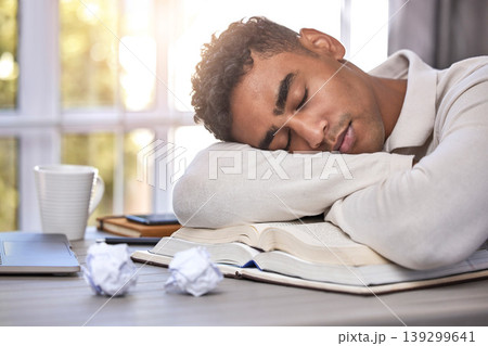 Man, student and sleeping at desk, burnout and mental health or overwhelmed, education and tired. Male person, nap and exhausted by university, learning and remote work or homework, rest and fatigue Man, student and sleeping at desk, burnout and mental health or overwhelmed, education and tired. Male person, nap and exhausted by university, learning and remote work or homework, rest and fatigue 139299641
