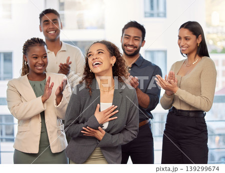 Business people, applause and happy in office with celebration, winner and success for promotion. Corporate, employee and teamwork with clapping hands for support and achievement at workplace or job Business people, applause and happy in office with celebration, winner and success for promotion. Corporate, employee and teamwork with clapping hands for support and achievement at workplace or job 139299674