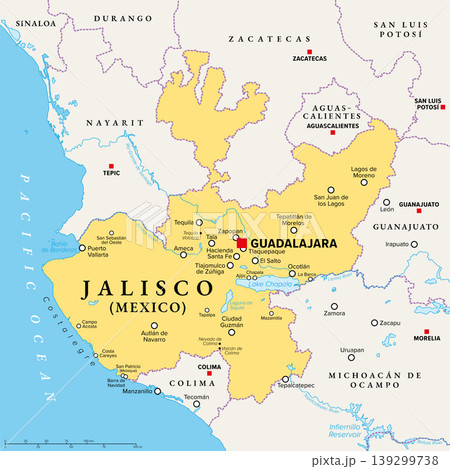 Jalisco, a state of Mexico, political map, with capital Guadalajara, largest cities, and Costalegre, the Coast of Joy, a coastal strip on the Pacific, between Puerto Vallarta and Manzanillo. Vector 139299738