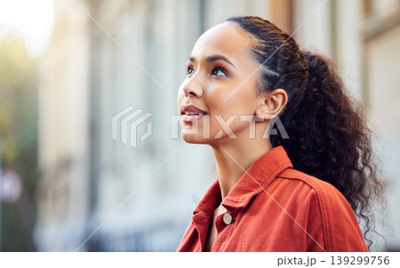 Woman, city sidewalk and thinking outdoor for search, location and happy memory on street in metro. Girl, walking and vision by buildings, ideas or urban vacation for decision, choice or road in Rome Woman, city sidewalk and thinking outdoor for search, location and happy memory on street in metro. Girl, walking and vision by buildings, ideas or urban vacation for decision, choice or road in Rome 139299756