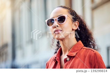 Woman, city and thinking in sunglasses on street for search, location or memory in metro. Girl, walking and fashion for vision by building, idea or urban vacation for decision, choice or road in Rome Woman, city and thinking in sunglasses on street for search, location or memory in metro. Girl, walking and fashion for vision by building, idea or urban vacation for decision, choice or road in Rome 139299814