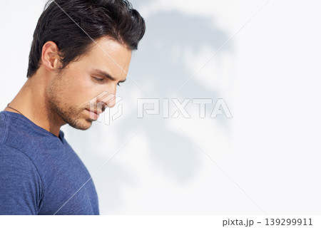 Thinking, sad and man profile by a white wall outdoor in the sun with freedom and ideas. Relax, peace and male person with mockup and summer with vitamin D, leaning and contemplating with outfit Thinking, sad and man profile by a white wall outdoor in the sun with freedom and ideas. Relax, peace and male person with mockup and summer with vitamin D, leaning and contemplating with outfit 139299911