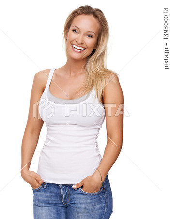 Woman, portrait and laugh in studio for funny joke comedy, clothes outfit for good humor. Female person, face or happy on white background as mockup space for relax friendly fun, joy trends in Canada Woman, portrait and laugh in studio for funny joke comedy, clothes outfit for good humor. Female person, face or happy on white background as mockup space for relax friendly fun, joy trends in Canada 139300018