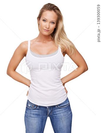Woman, portrait and fashion confident clothes in studio for cool style, trendy outfit or relax. Female person, face and model on white background for mockup in jeans, serious pose for feminine look Woman, portrait and fashion confident clothes in studio for cool style, trendy outfit or relax. Female person, face and model on white background for mockup in jeans, serious pose for feminine look 139300059