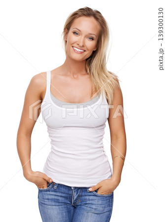 Happy, studio portrait and woman with fashion, casual wear and trendy apparel t shirt, tank top and cotton fabric clothes. Beautiful girl, denim jeans and aesthetic model outfit on white background Happy, studio portrait and woman with fashion, casual wear and trendy apparel t shirt, tank top and cotton fabric clothes. Beautiful girl, denim jeans and aesthetic model outfit on white background 139300130