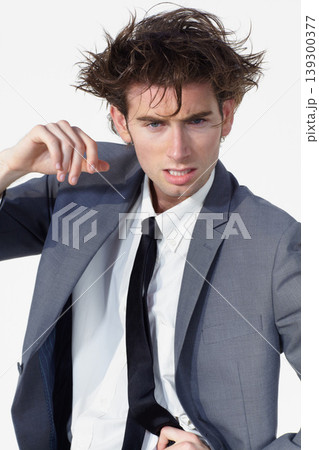 Portrait, crazy hair and business man with worker and confused from stress and anxiety. Studio, male professional and working with corporate job and thinking with wild hairstyle and white background Portrait, crazy hair and business man with worker and confused from stress and anxiety. Studio, male professional and working with corporate job and thinking with wild hairstyle and white background 139300377