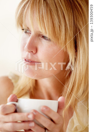 Relax, thinking and woman with coffee, ideas and daydreaming with inspiration, decision and weekend break. Person, home and girl with a cup of tea, espresso and latte with cappuccino and solution Relax, thinking and woman with coffee, ideas and daydreaming with inspiration, decision and weekend break. Person, home and girl with a cup of tea, espresso and latte with cappuccino and solution 139300459