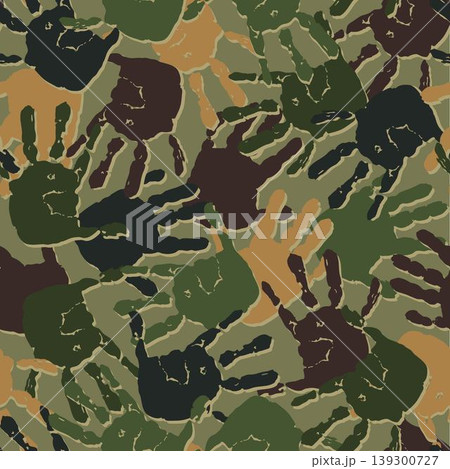 Seamless green khaki pattern with paint handprints of child. Camouflage style. Random messy composition with scattered objects. Print for apparel, textile design 139300727