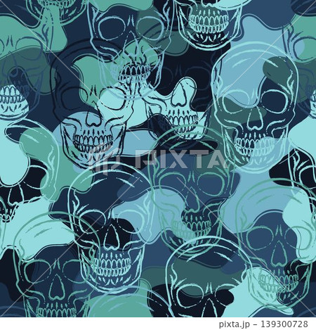 Blue camouflage pattern with human skulls. Contoured outline illustrations on overlapping irregular patches. Random composition. For apparel, clothing, fabric, textile, sport design 139300728