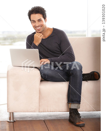 Man, portrait and work from home on laptop for graphic design career, planning and research on website and sofa. Startup freelancer or online designer relax on couch with computer and happy project Man, portrait and work from home on laptop for graphic design career, planning and research on website and sofa. Startup freelancer or online designer relax on couch with computer and happy project 139301020