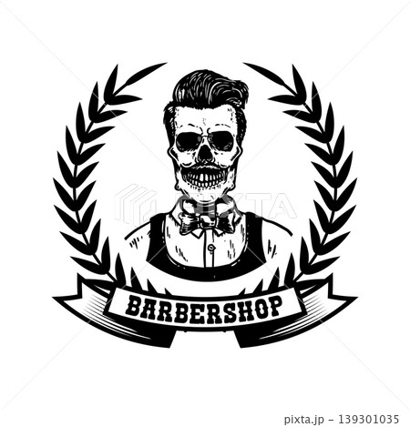 Barbershop. Illustration of bearded skull isolated on white background. Design element for barber shop poster, card, emblem, sign, label. Vector illustration 139301035