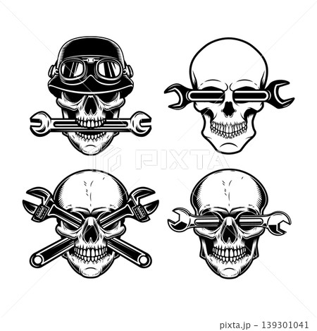 Vintage skull with crossed plumbing wrenches. Design element for poster, emblem, sign, logo, label. Vector illustration Vintage skull with crossed plumbing wrenches. Design element for poster, emblem, sign, logo, label. Vector illustration 139301041
