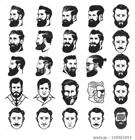 Set of the bearded man's head isolated on white background. Design elements for barber shop emblem, badge, sign, brand mark. Vector illustration. Set of the bearded man's head isolated on white background. Design elements for barber shop emblem, badge, sign, brand mark. Vector illustration. 139301053