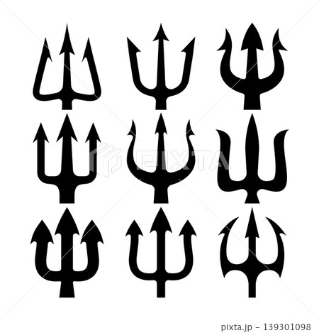 Set of illustrations of trident. Neptune trident. Design element for logo, label, sign, emblem, poster. Vector illustration Set of illustrations of trident. Neptune trident. Design element for logo, label, sign, emblem, poster. Vector illustration 139301098