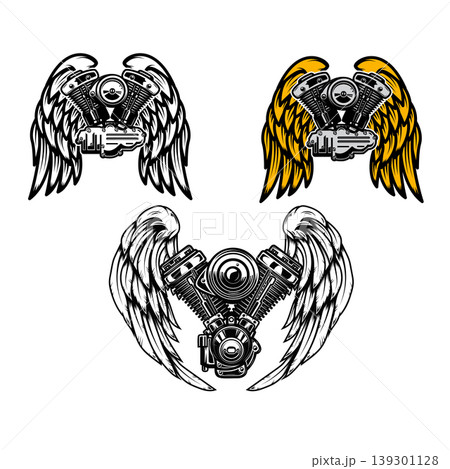 Set of winged motorcycle engine. Design elements for poster, emblem, sign, logo, label, emblem. Set of winged motorcycle engine. Design elements for poster, emblem, sign, logo, label, emblem. 139301128