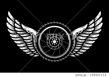 Motorcycle wheel with wings isolated on white background. Design elements for logo, label, emblem,sign. Vector illustration 139301133