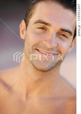 Man, portrait or beach athlete in water swimming, surfing or sports in Brazilian nature or relax summer break. Happy face, body or wet person shirtless in training workout, exercise or surfer fitness Man, portrait or beach athlete in water swimming, surfing or sports in Brazilian nature or relax summer break. Happy face, body or wet person shirtless in training workout, exercise or surfer fitness 139301207