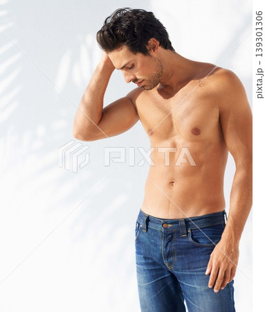 Thinking, calm and man body by a white wall outdoor in the sun with freedom and ideas. Relax, peace and male person with mockup and summer with vitamin D, leaning and contemplating with outfit Thinking, calm and man body by a white wall outdoor in the sun with freedom and ideas. Relax, peace and male person with mockup and summer with vitamin D, leaning and contemplating with outfit 139301306