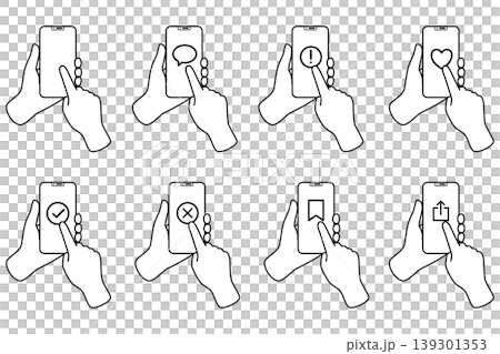Smartphone operation, tap, icon set, line art, 8 pieces Smartphone operation, tap, icon set, line art, 8 pieces 139301353