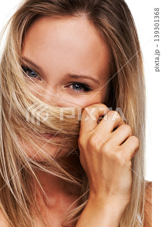 Portrait, happy woman and smile for haircare for white background with mock up in studio. Swedish model, closeup and shy face for result of treatment, frizz or split ends for healthy hair in space Portrait, happy woman and smile for haircare for white background with mock up in studio. Swedish model, closeup and shy face for result of treatment, frizz or split ends for healthy hair in space 139301368