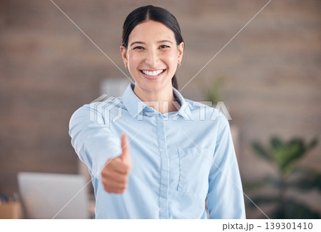 Happy business woman, portrait and thumbs up in winning, success or good job at office. Female person or employee smile for like emoji, yes sign or OK in approval, agreement or thank you at workplace 139301410