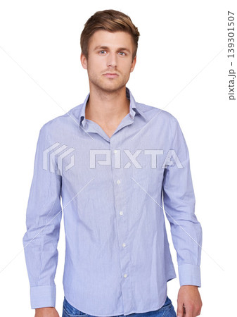 Style, handsome and portrait of man in studio with casual, classy and trendy outfit. Serious, confidence and attractive young male model with cool and edgy style isolated by white background. Style, handsome and portrait of man in studio with casual, classy and trendy outfit. Serious, confidence and attractive young male model with cool and edgy style isolated by white background. 139301507
