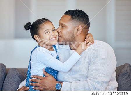 Portrait, kiss and happy kid hug dad, family or papa childcare, support or love for young girl, youth or daughter. Home lounge sofa, parent affection and Fathers Day bond, smile and hugging USA child 139301519