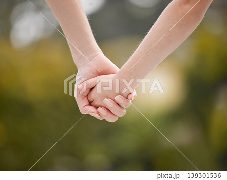 Family, holding hands and trust with support, love and bonding outdoor with kindness and hope. Backyard, mother and solidarity of a child together with compassion and gratitude from unity on a trip Family, holding hands and trust with support, love and bonding outdoor with kindness and hope. Backyard, mother and solidarity of a child together with compassion and gratitude from unity on a trip 139301536