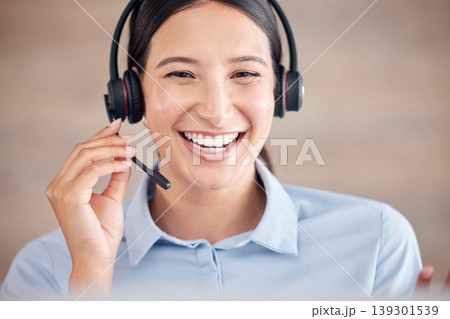 Call center, woman and smile for online customer service, CRM contact or telemarketing advice. Happy telecom consultant, microphone or communication at help desk in sales, IT questions or FAQ support Call center, woman and smile for online customer service, CRM contact or telemarketing advice. Happy telecom consultant, microphone or communication at help desk in sales, IT questions or FAQ support 139301539