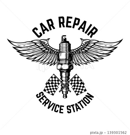 Winged motorcycle spark plug. Design elements for logo, label, sign, menu. Vector illustration 139301562
