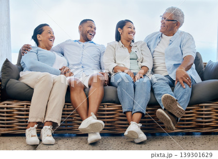 Happy family, together and laugh on couch at home, outdoors or backyard for funny joke, story or memory. Mature parents, young couple and smile on face for bonding, relationship and care with embrace Happy family, together and laugh on couch at home, outdoors or backyard for funny joke, story or memory. Mature parents, young couple and smile on face for bonding, relationship and care with embrace 139301629