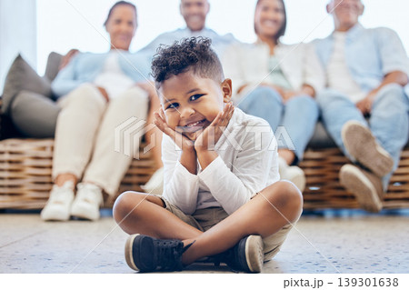 Home portrait, love and happy family child, parents and grandparents bond together with youth care, support and smile. Living room floor, happiness and apartment boy, son or young kid relax in lounge Home portrait, love and happy family child, parents and grandparents bond together with youth care, support and smile. Living room floor, happiness and apartment boy, son or young kid relax in lounge 139301638