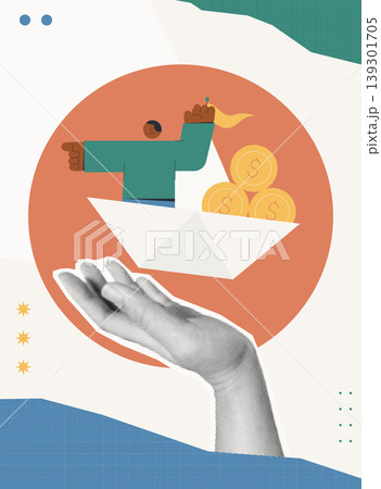 Trendy Halftone Collage of a halftone hand supporting a paper boat with a character holding a flag and stacked dollar coins, symbolizing supportive growth and financial success, ideal for business and Trendy Halftone Collage of a halftone hand supporting a paper boat with a character holding a flag and stacked dollar coins, symbolizing supportive growth and financial success, ideal for business and 139301705