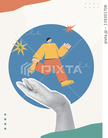 Trendy Halftone Collage of a halftone hand supporting a confident business character with a briefcase and star bursts, symbolizing supportive growth and empowerment, ideal for business and career cont 139301706