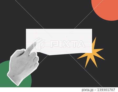Trendy Halftone Collage of a halftone hand pointing at a blank text banner with a star burst, ideal for announcements, promotions, and customizable message content on dark background. Trendy Halftone Collage of a halftone hand pointing at a blank text banner with a star burst, ideal for announcements, promotions, and customizable message content on dark background. 139301707