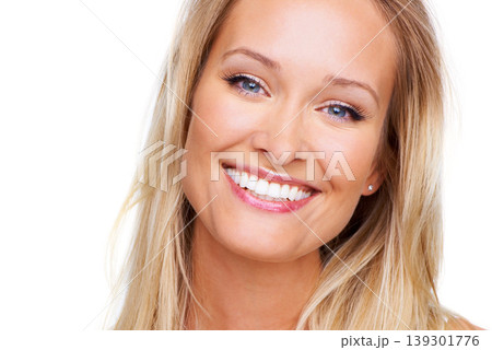 Happy, makeup and glow with portrait of woman in studio for cosmetics, dermatology and spa treatment. Self care, health and beauty with face of model on white background for cosmetology and facial 139301776
